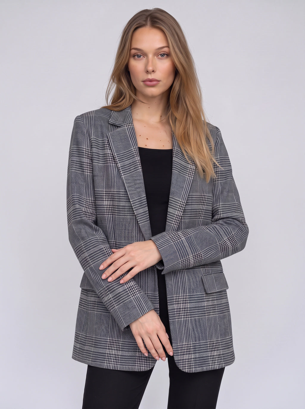 Pekanthe Tailored Check Blazer – Women Oversized Office Workwear Casual Smart Formal Longline Blazer
