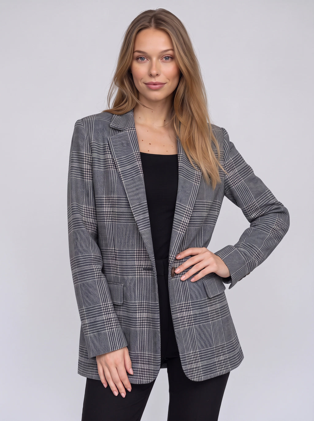Pekanthe Tailored Check Blazer – Women Oversized Office Workwear Casual Smart Formal Longline Blazer