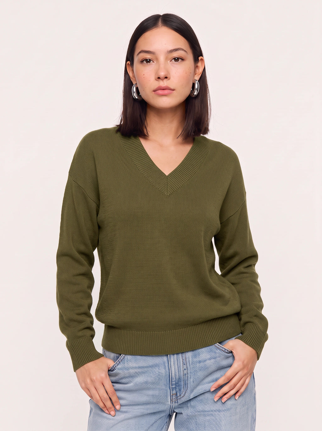 Blouhem Relaxed V-Neck Knit Jumper – Women Casual Autumn Longline Knitwear Oversized Sweater Top