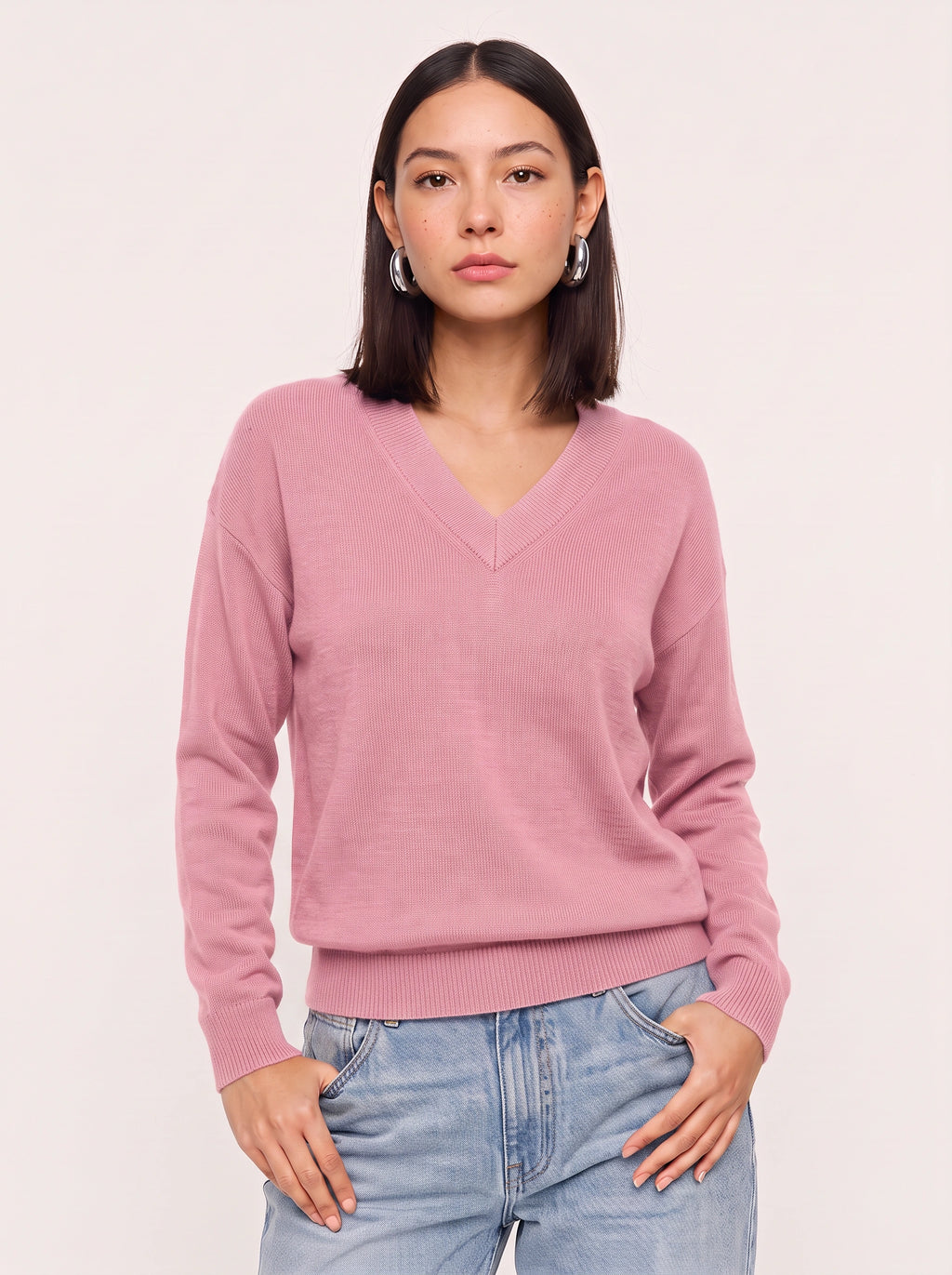 Blouhem Relaxed V-Neck Knit Jumper – Women Casual Autumn Longline Knitwear Oversized Sweater Top