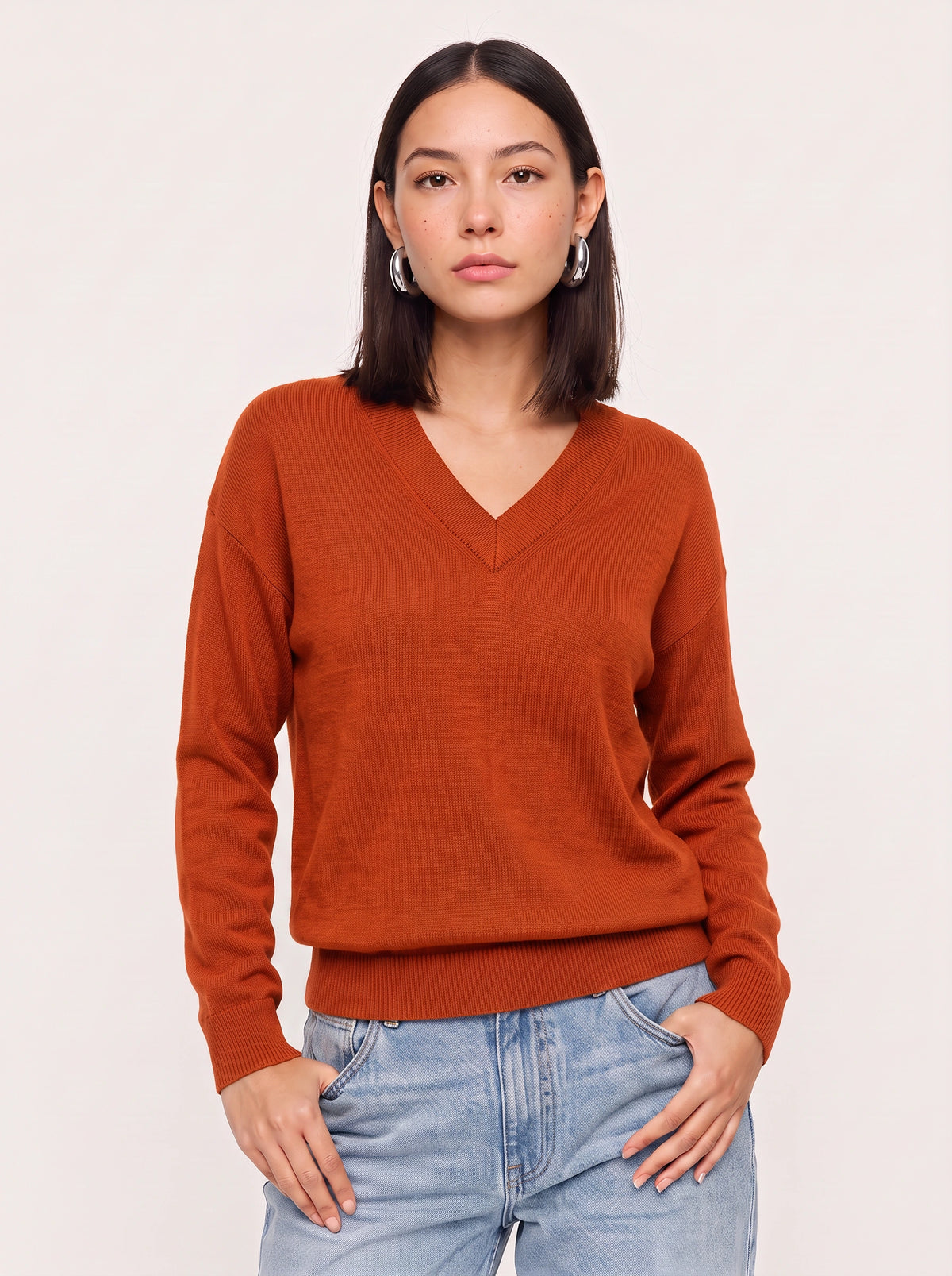 Blouhem Relaxed V-Neck Knit Jumper – Women Casual Autumn Longline Knitwear Oversized Sweater Top