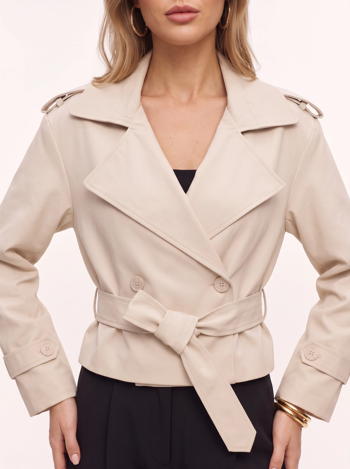 Beltyne Cropped Belted Trench Jacket – Double Breasted Women Tailored Office Workwear Formal Blazer Jacket