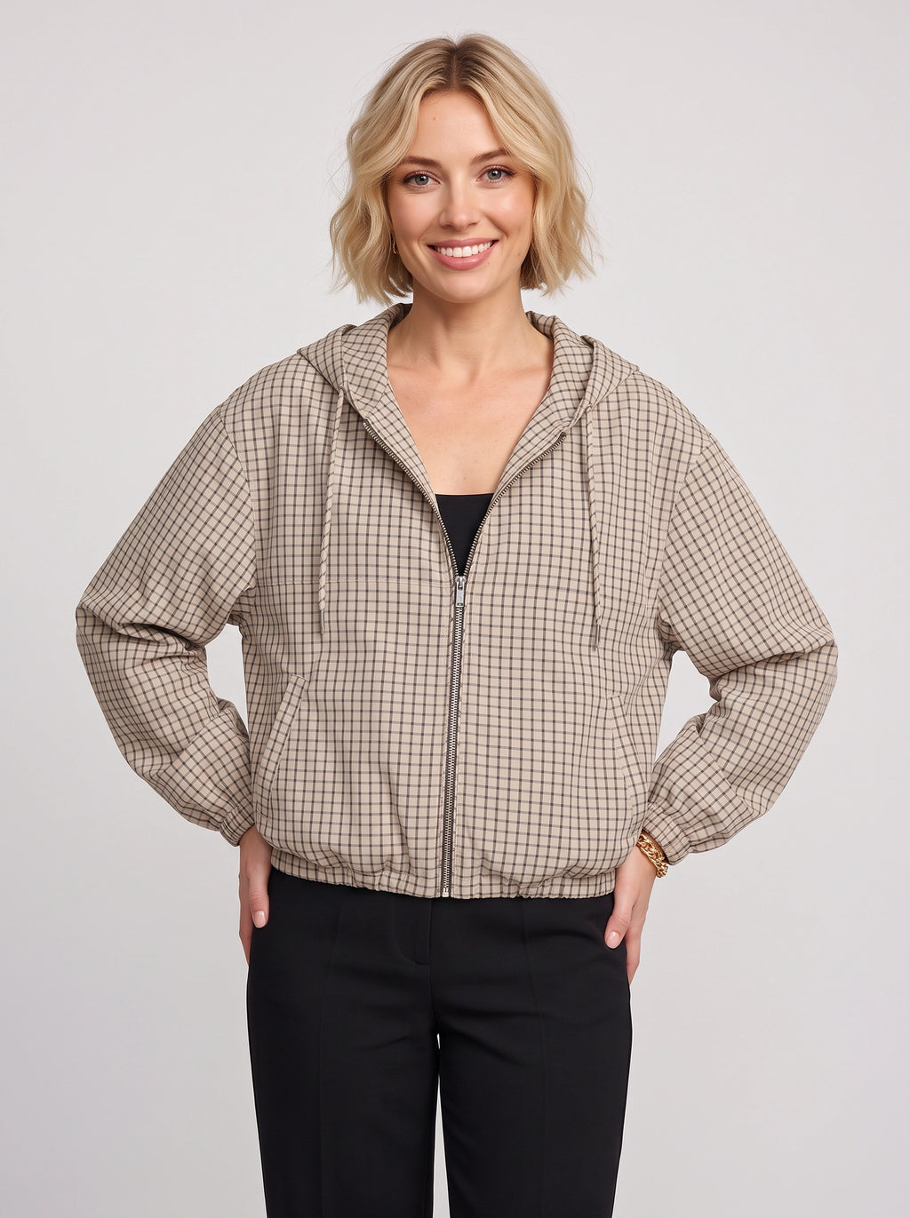 Gridelle Plaid Hooded Crop Jacket – Oversized Zip-Up Women Casual Autumn Streetwear Hooded Crop Jacket