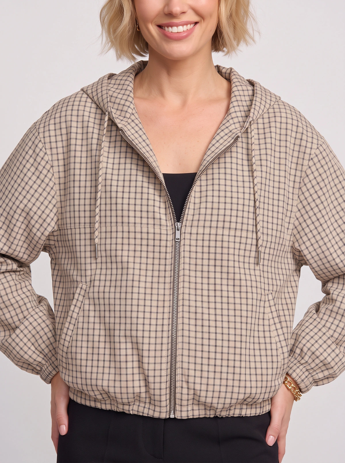 Gridelle Plaid Hooded Crop Jacket – Oversized Zip-Up Women Casual Autumn Streetwear Hooded Crop Jacket