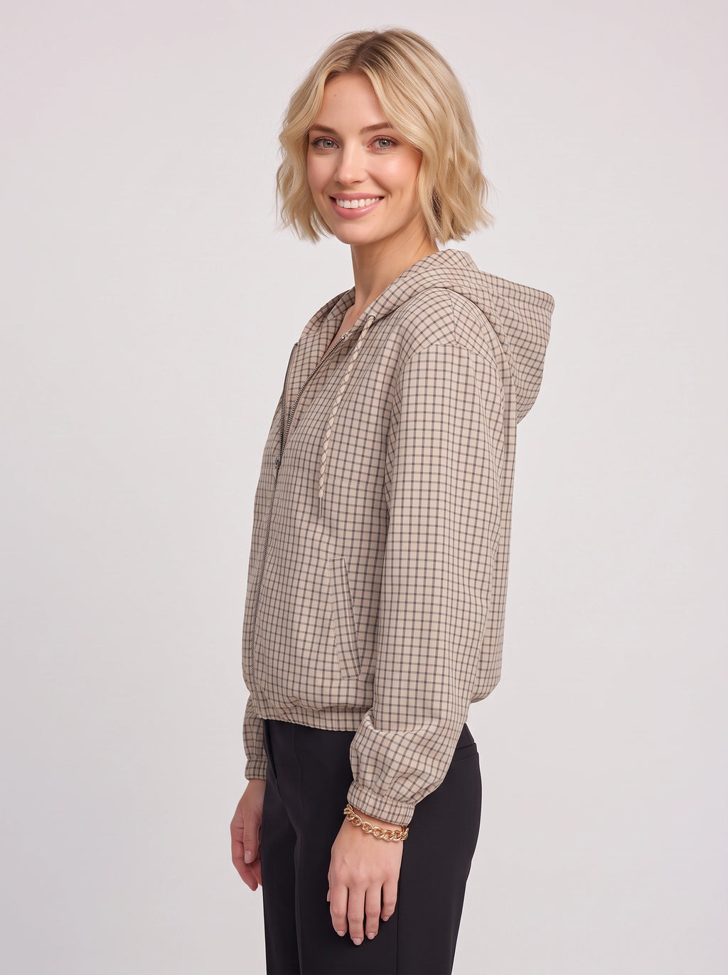 Gridelle Plaid Hooded Crop Jacket – Oversized Zip-Up Women Casual Autumn Streetwear Hooded Crop Jacket