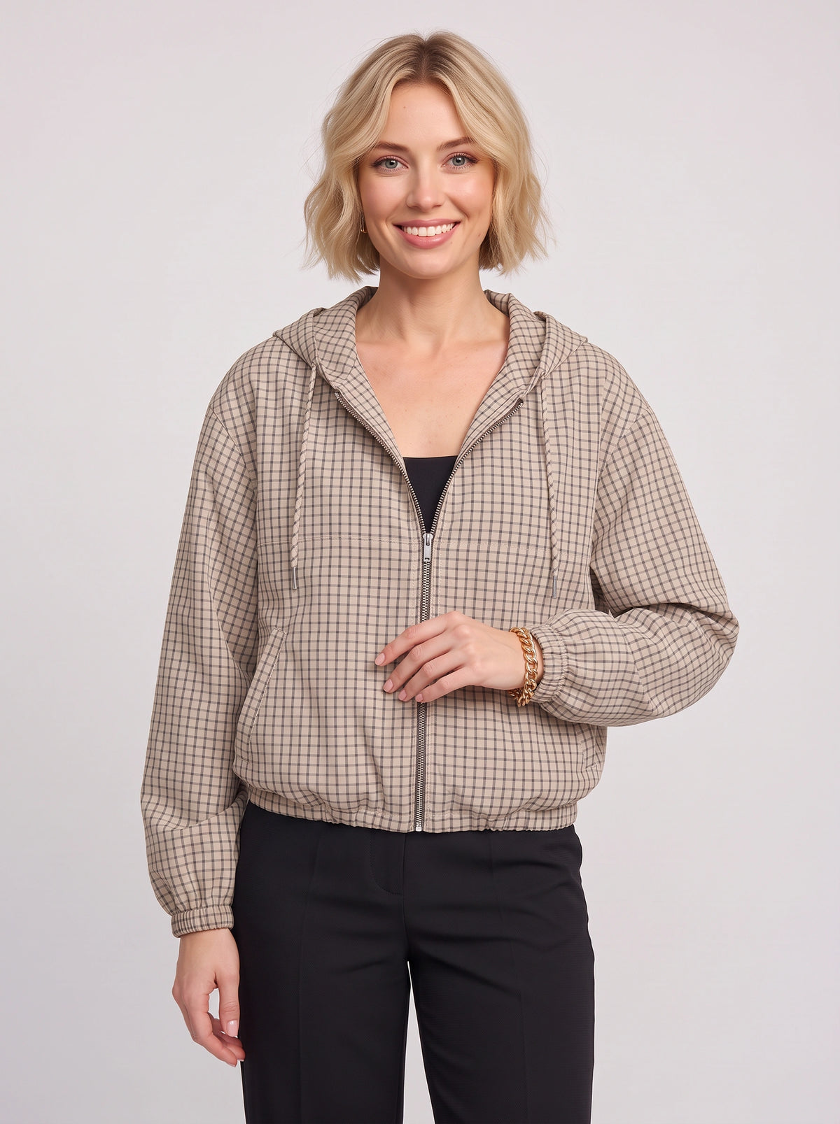 Gridelle Plaid Hooded Crop Jacket – Oversized Zip-Up Women Casual Autumn Streetwear Hooded Crop Jacket