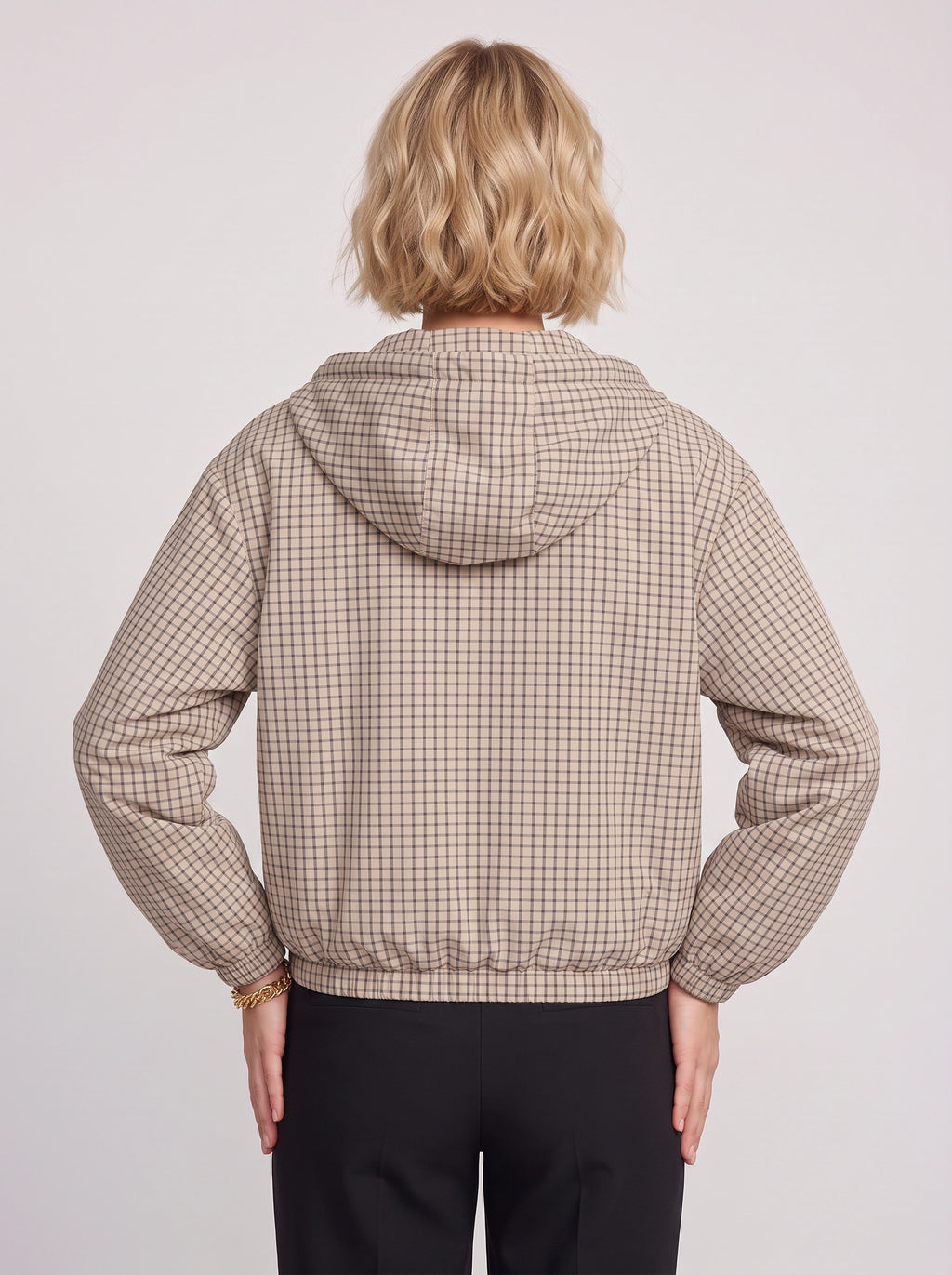 Gridelle Plaid Hooded Crop Jacket – Oversized Zip-Up Women Casual Autumn Streetwear Hooded Crop Jacket