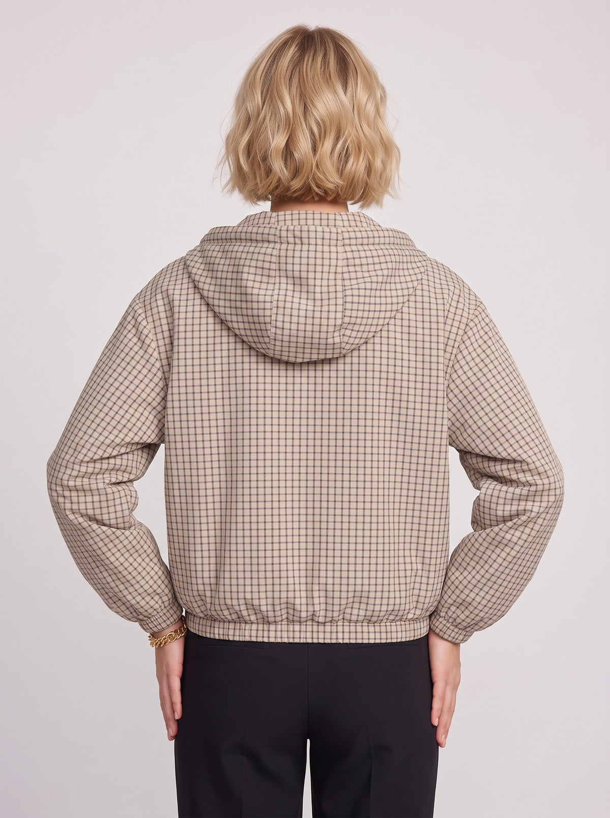 Gridelle Plaid Hooded Crop Jacket – Oversized Zip-Up Women Casual Autumn Streetwear Hooded Crop Jacket