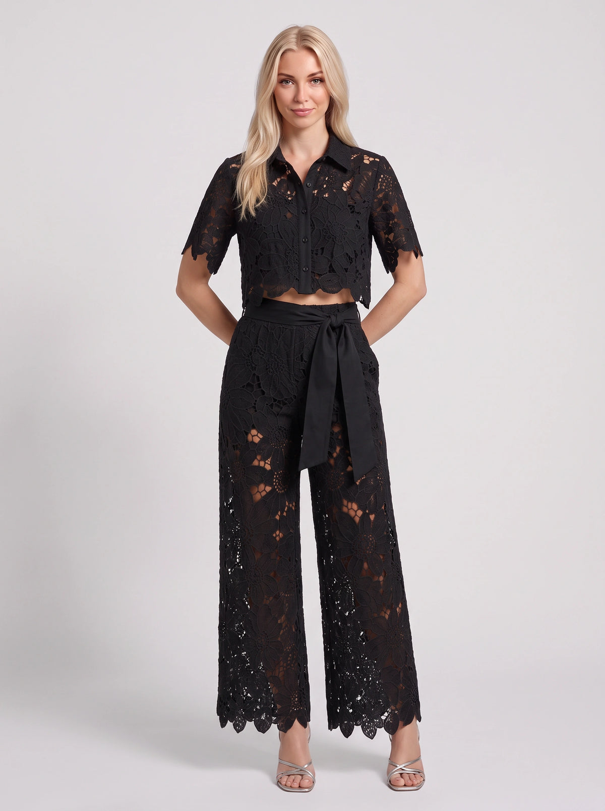 Scalova Lace Crop Shirt Wide-Leg Trouser Co-Ord Set – Women Two-Piece Formal Evening Party Occasion