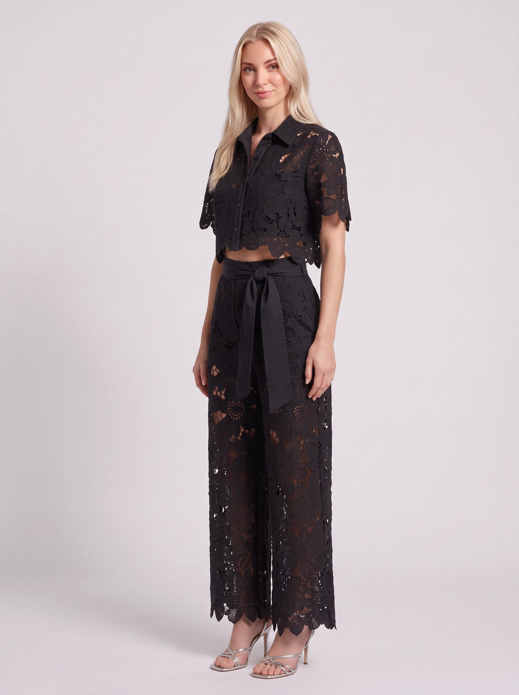 Scalova Lace Crop Shirt Wide-Leg Trouser Co-Ord Set – Women Two-Piece Formal Evening Party Occasion