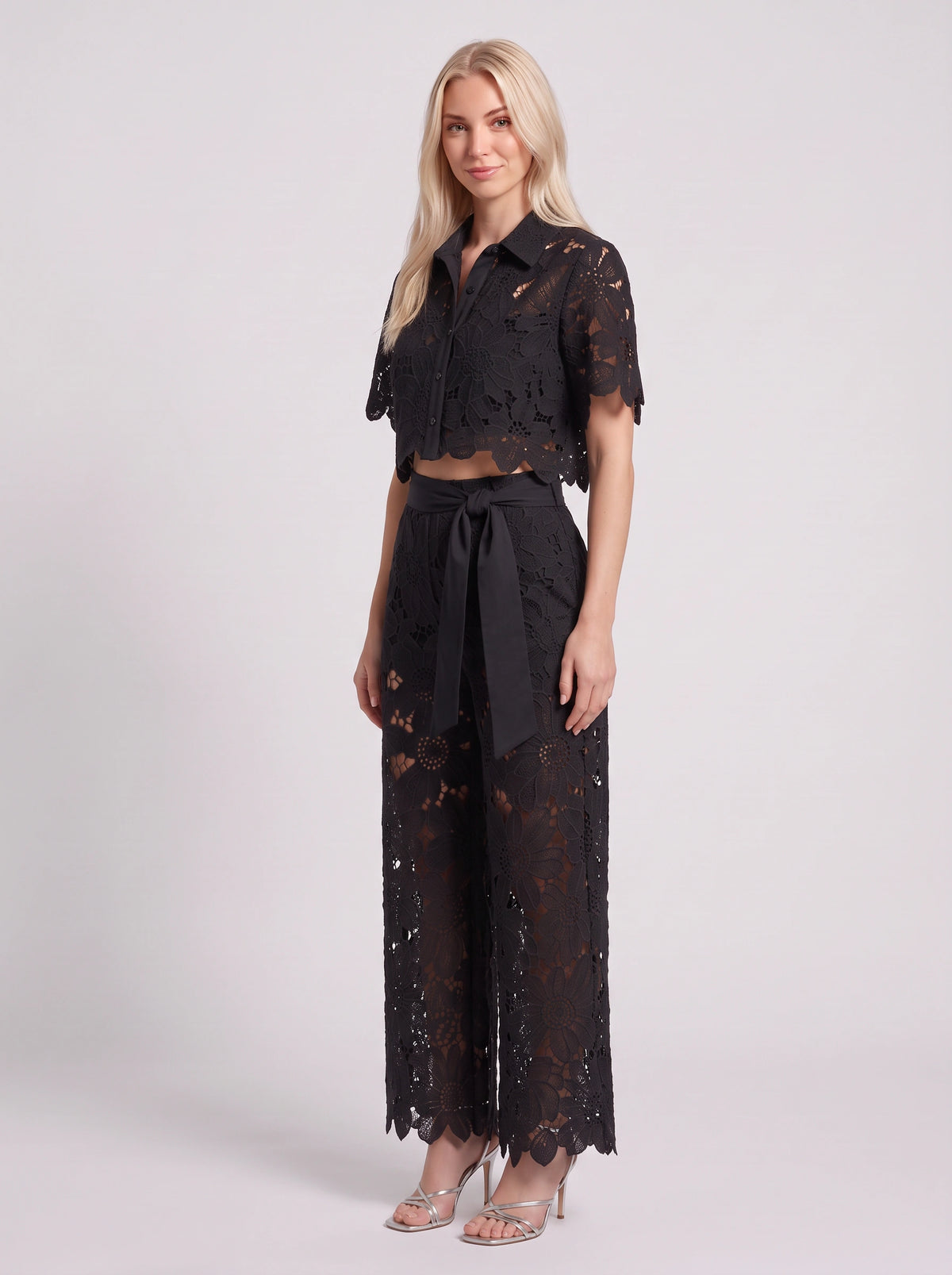 Scalova Lace Crop Shirt Wide-Leg Trouser Co-Ord Set – Women Two-Piece Formal Evening Party Occasion