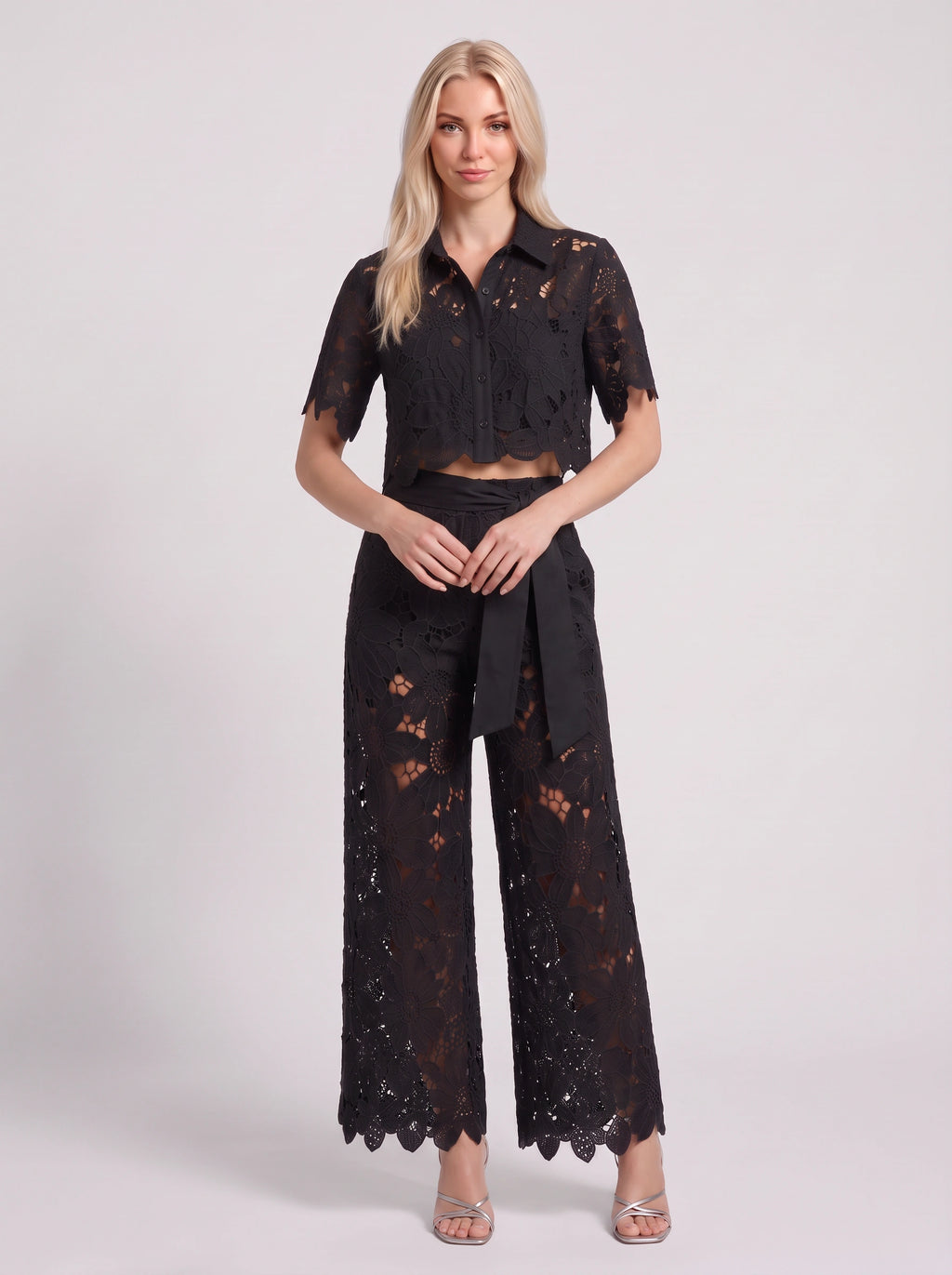 Scalova Lace Crop Shirt Wide-Leg Trouser Co-Ord Set – Women Two-Piece Formal Evening Party Occasion