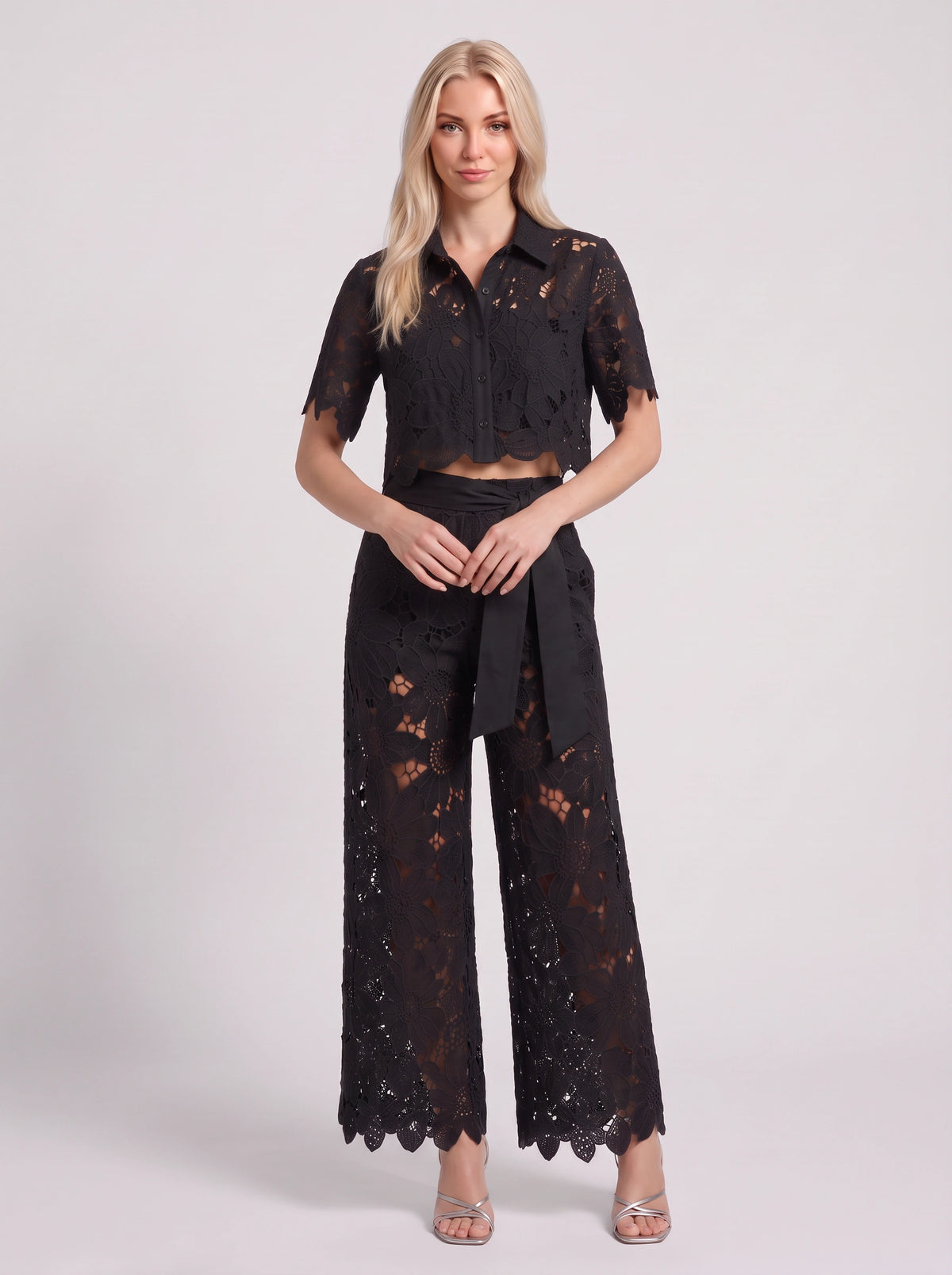 Scalova Lace Crop Shirt Wide-Leg Trouser Co-Ord Set – Women Two-Piece Formal Evening Party Occasion