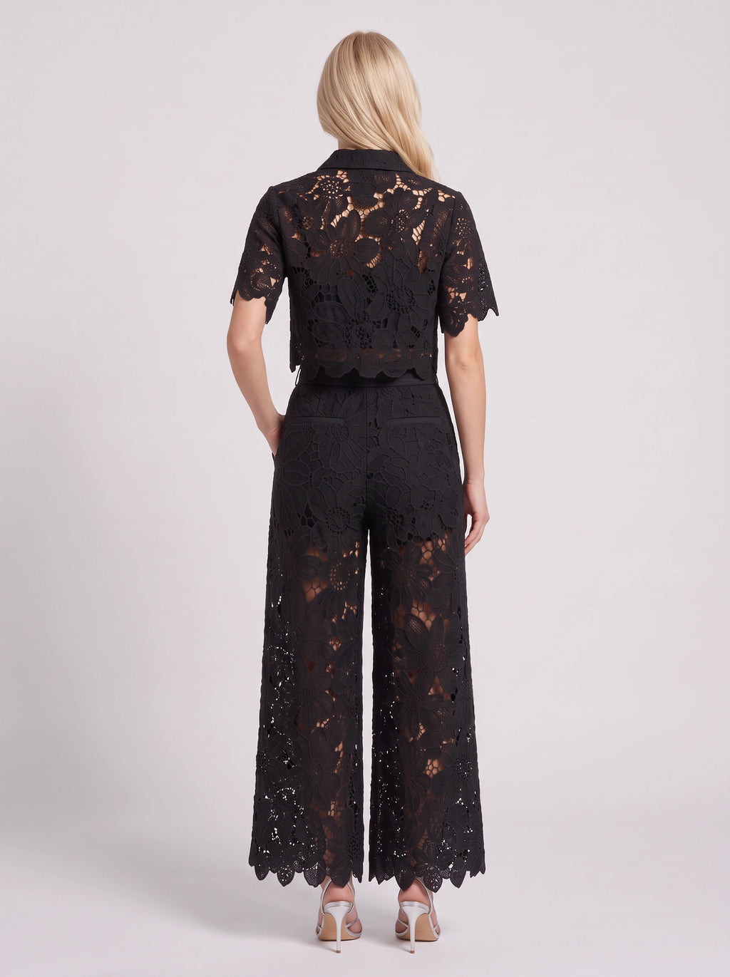 Scalova Lace Crop Shirt Wide-Leg Trouser Co-Ord Set – Women Two-Piece Formal Evening Party Occasion