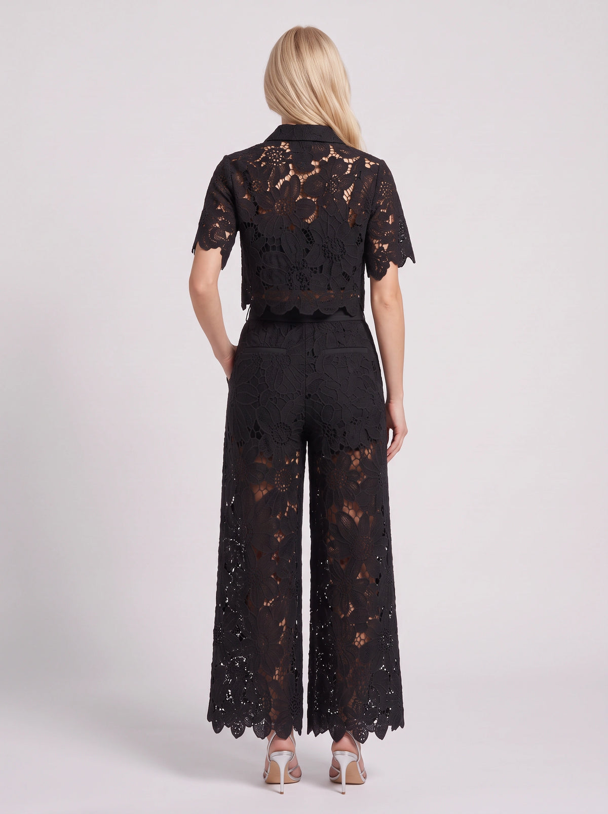 Scalova Lace Crop Shirt Wide-Leg Trouser Co-Ord Set – Women Two-Piece Formal Evening Party Occasion