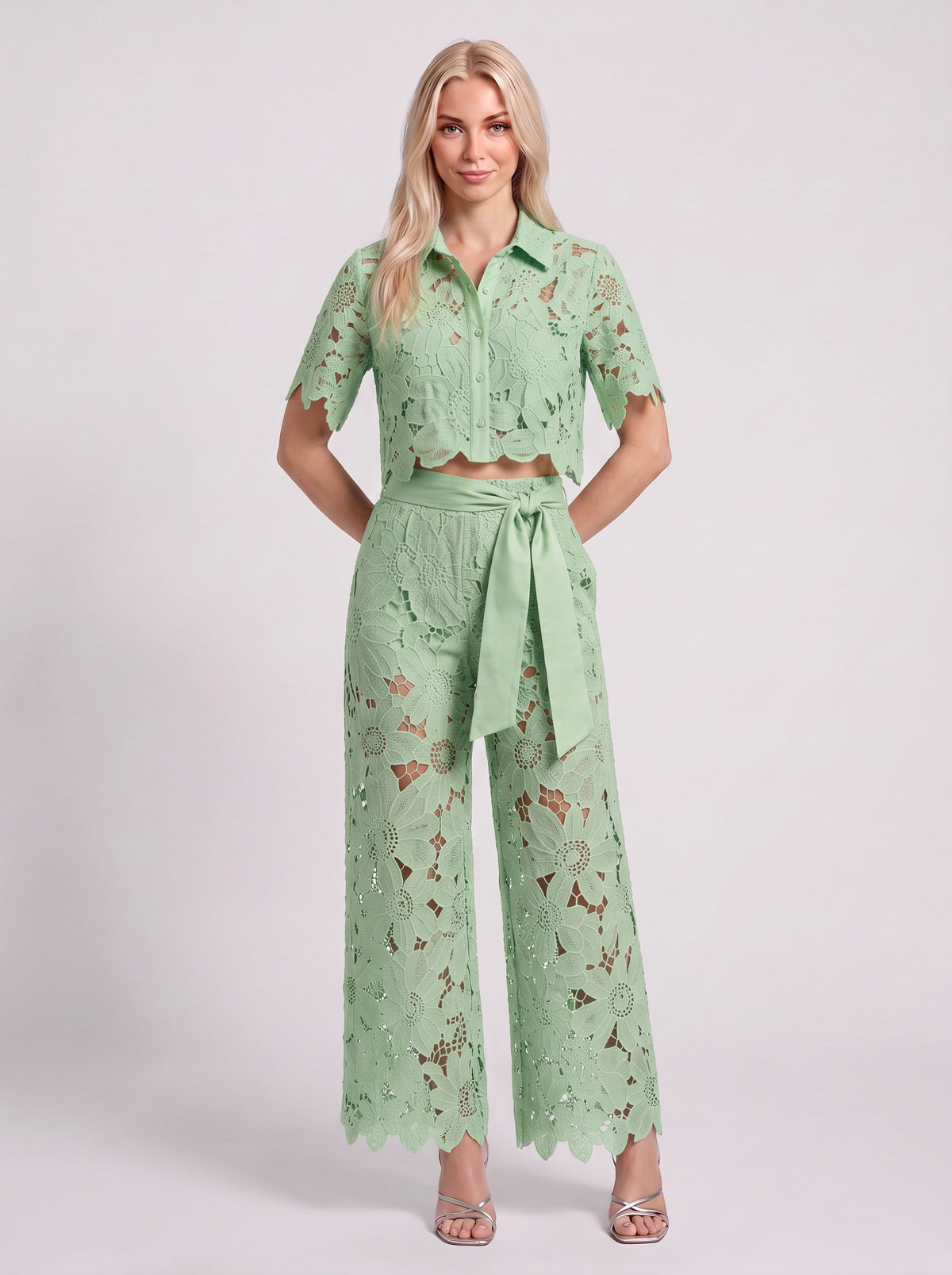 Scalova Lace Crop Shirt Wide-Leg Trouser Co-Ord Set – Women Two-Piece Formal Evening Party Occasion