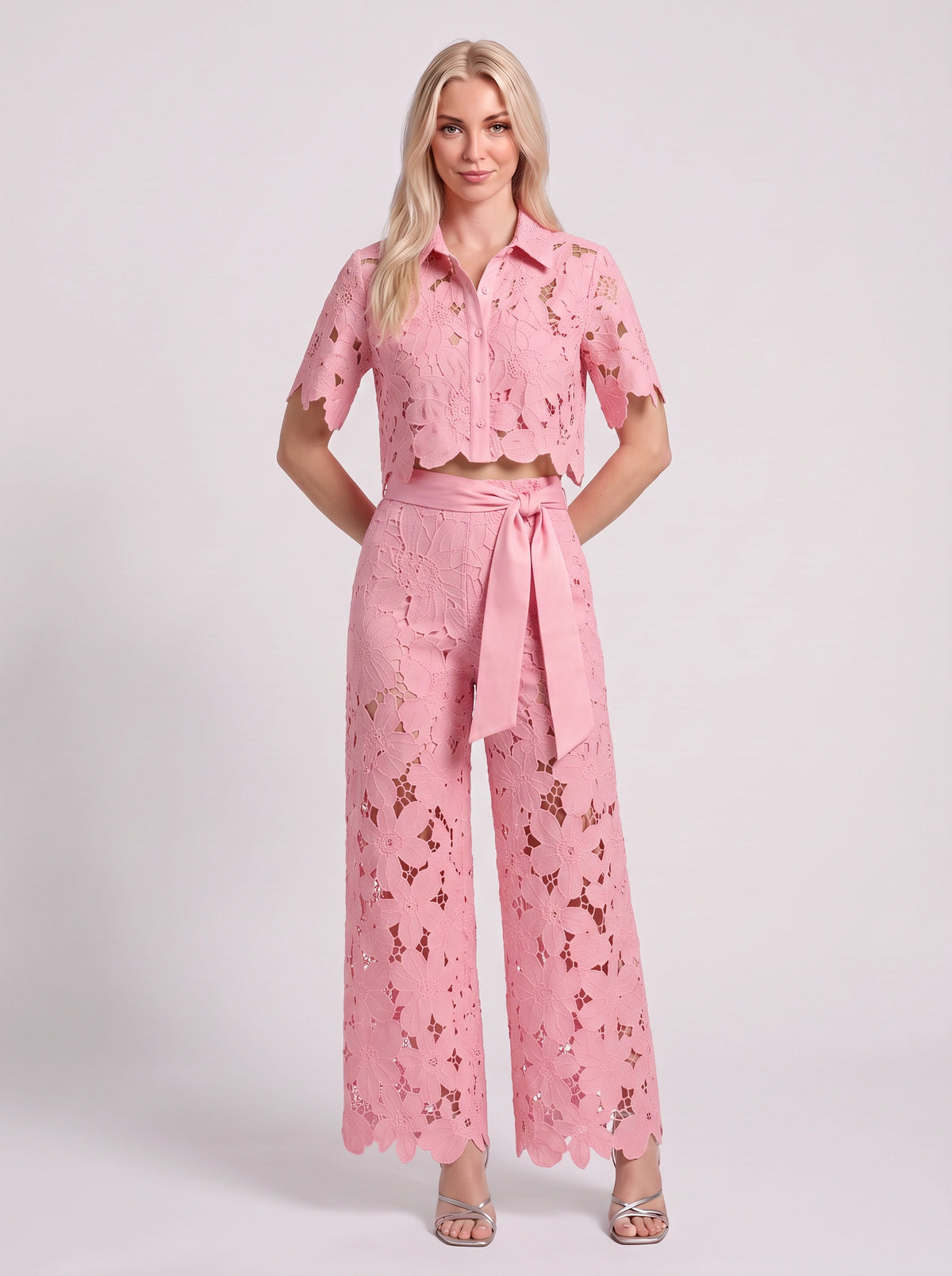 Scalova Lace Crop Shirt Wide-Leg Trouser Co-Ord Set – Women Two-Piece Formal Evening Party Occasion