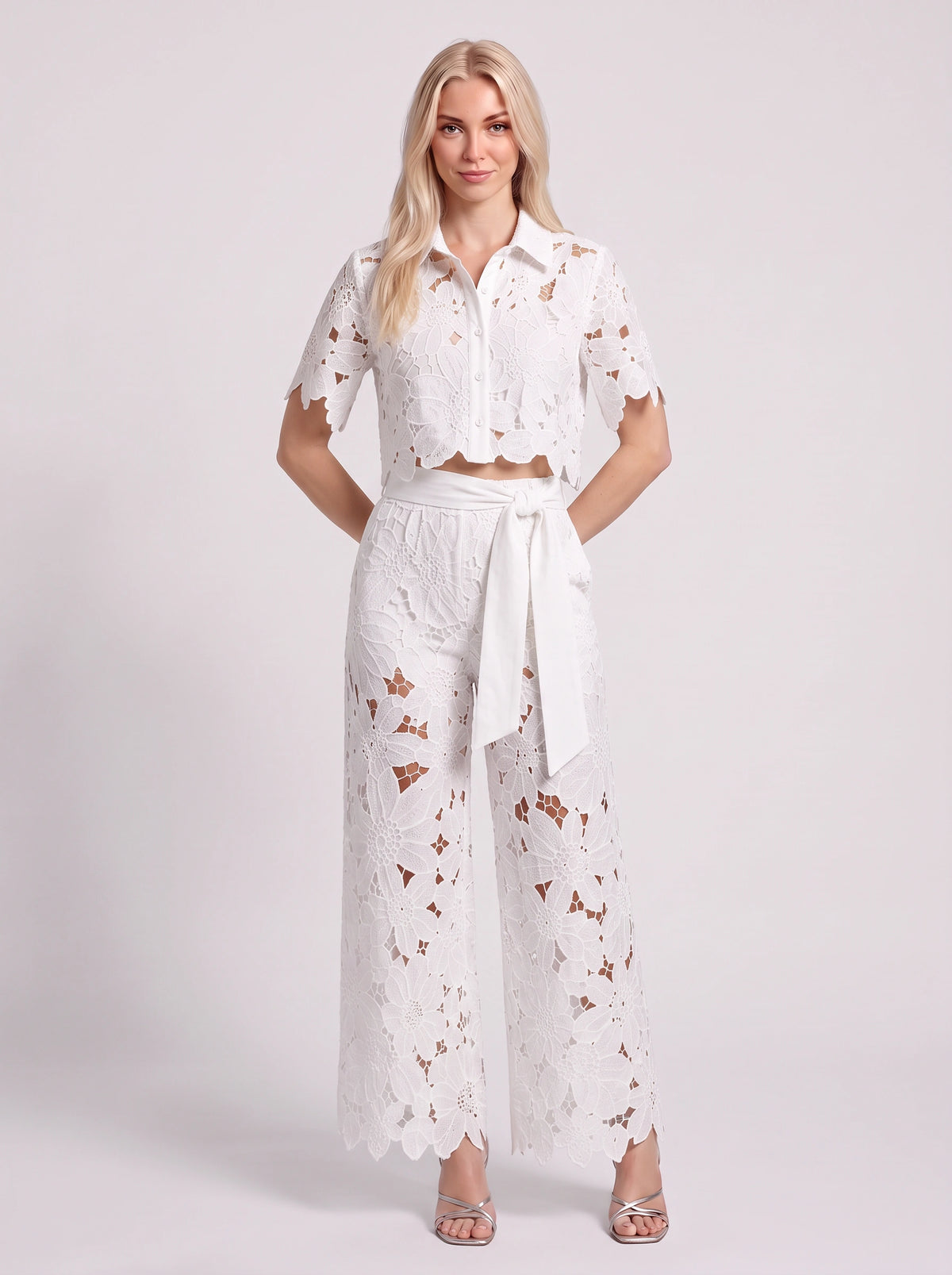 Scalova Lace Crop Shirt Wide-Leg Trouser Co-Ord Set – Women Two-Piece Formal Evening Party Occasion