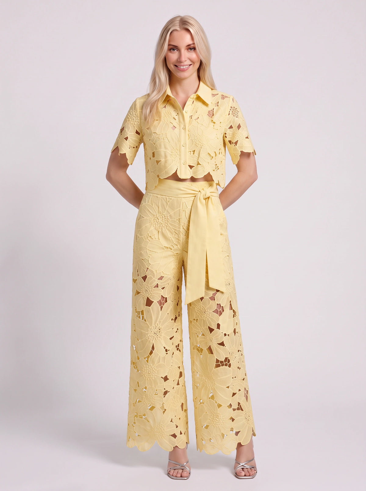 Scalova Lace Crop Shirt Wide-Leg Trouser Co-Ord Set – Women Two-Piece Formal Evening Party Occasion