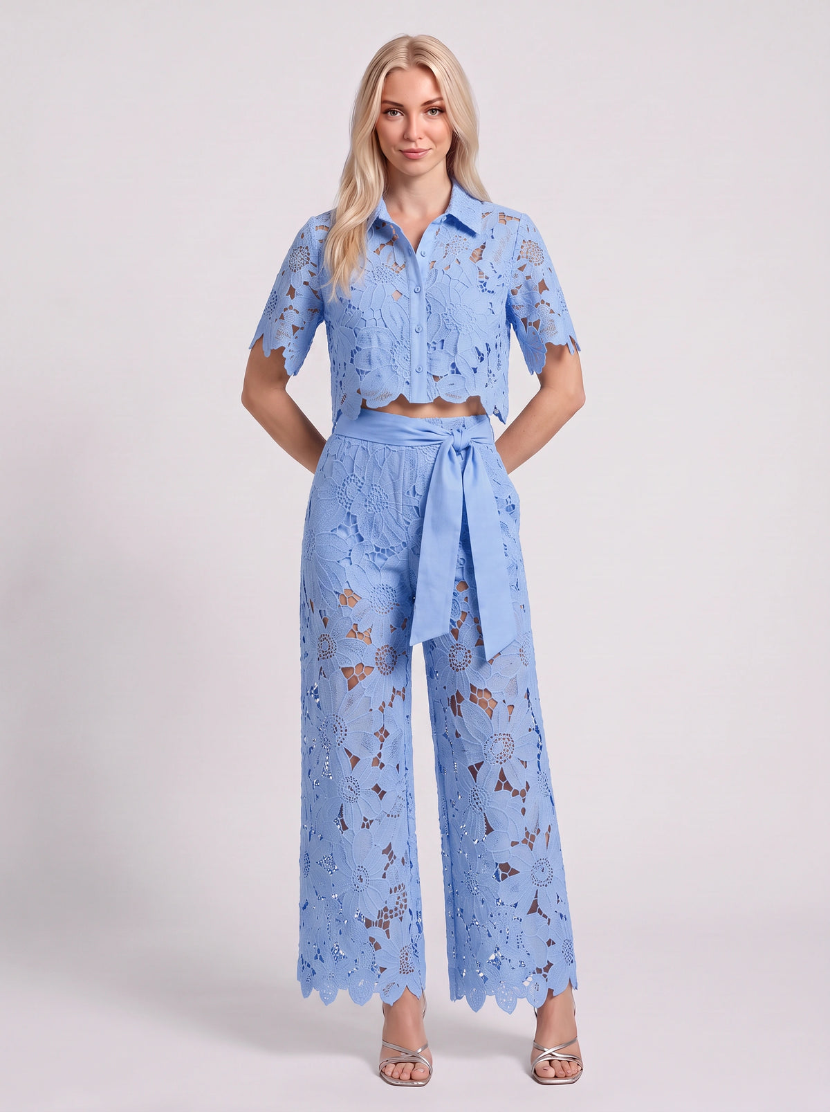 Scalova Lace Crop Shirt Wide-Leg Trouser Co-Ord Set – Women Two-Piece Formal Evening Party Occasion