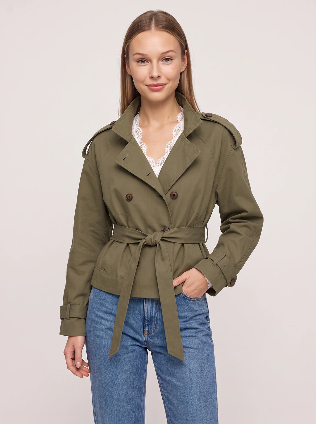 Lacette Double-Breasted Trench Jacket – Belted Short Women Casual Autumn Work Office Jacket