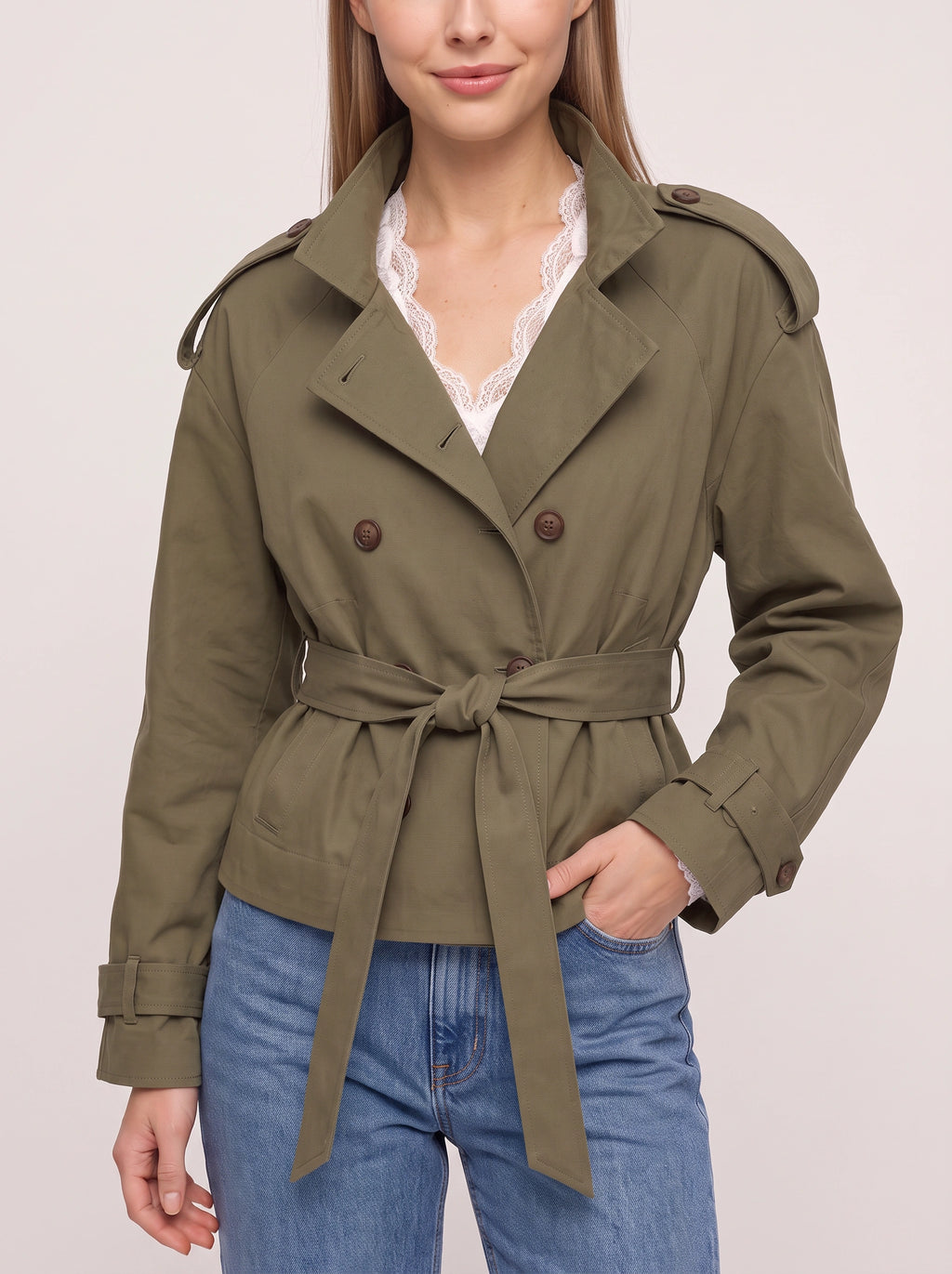 Lacette Double-Breasted Trench Jacket – Belted Short Women Casual Autumn Work Office Jacket