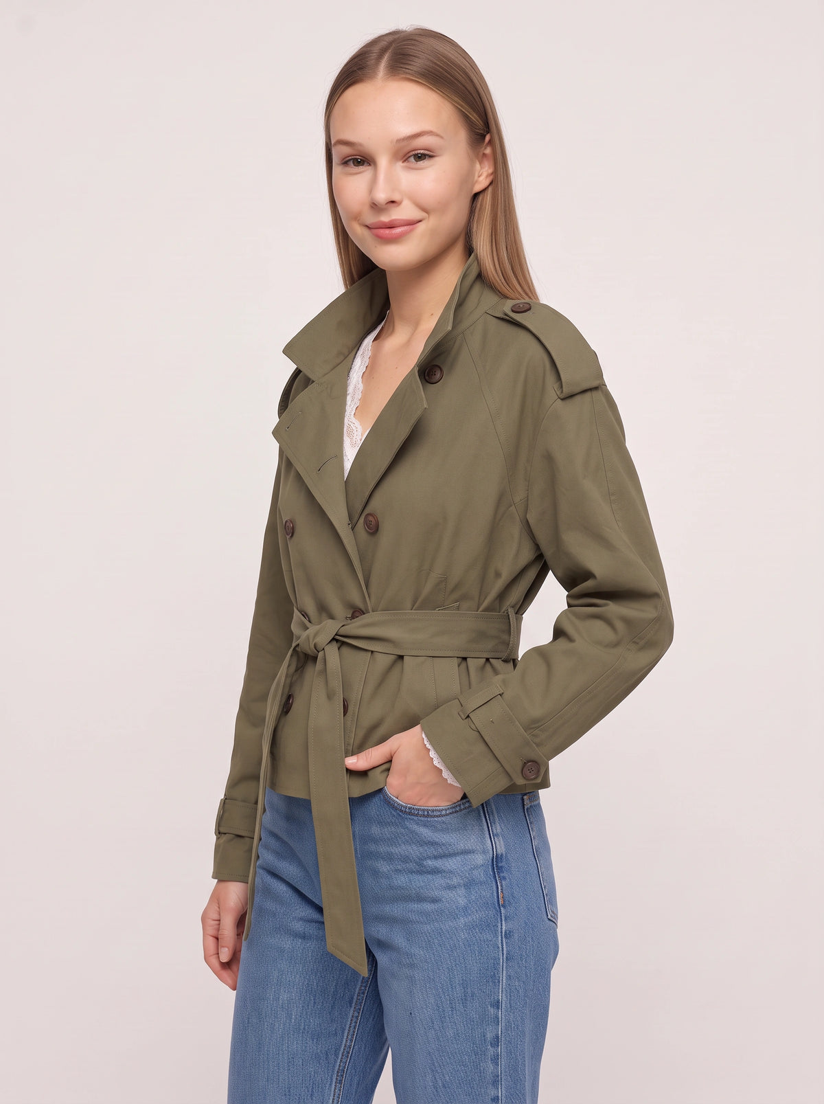 Lacette Double-Breasted Trench Jacket – Belted Short Women Casual Autumn Work Office Jacket