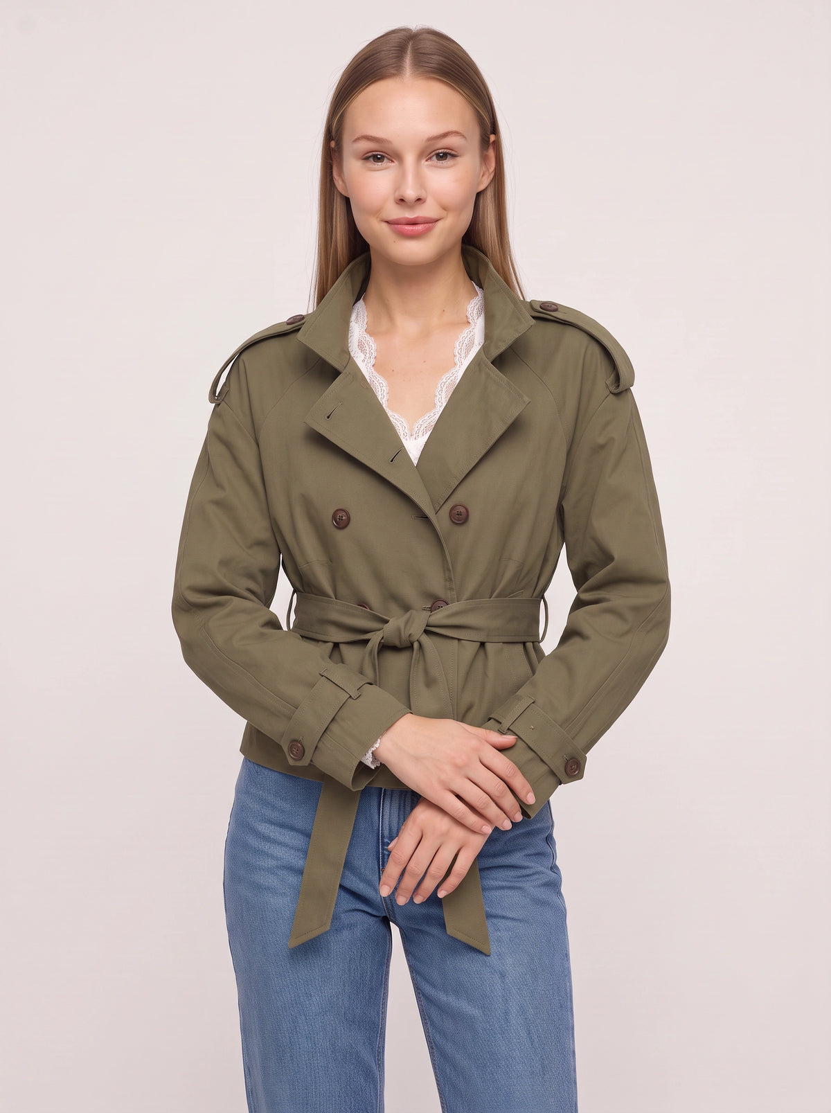 Lacette Double-Breasted Trench Jacket – Belted Short Women Casual Autumn Work Office Jacket