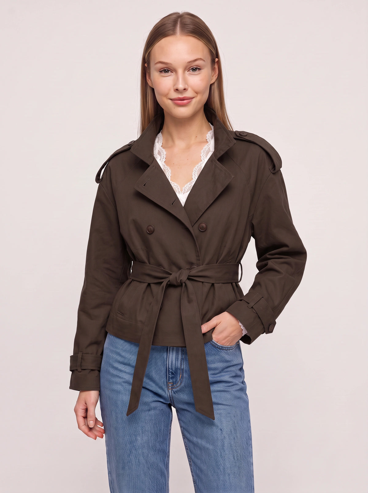 Lacette Double-Breasted Trench Jacket – Belted Short Women Casual Autumn Work Office Jacket