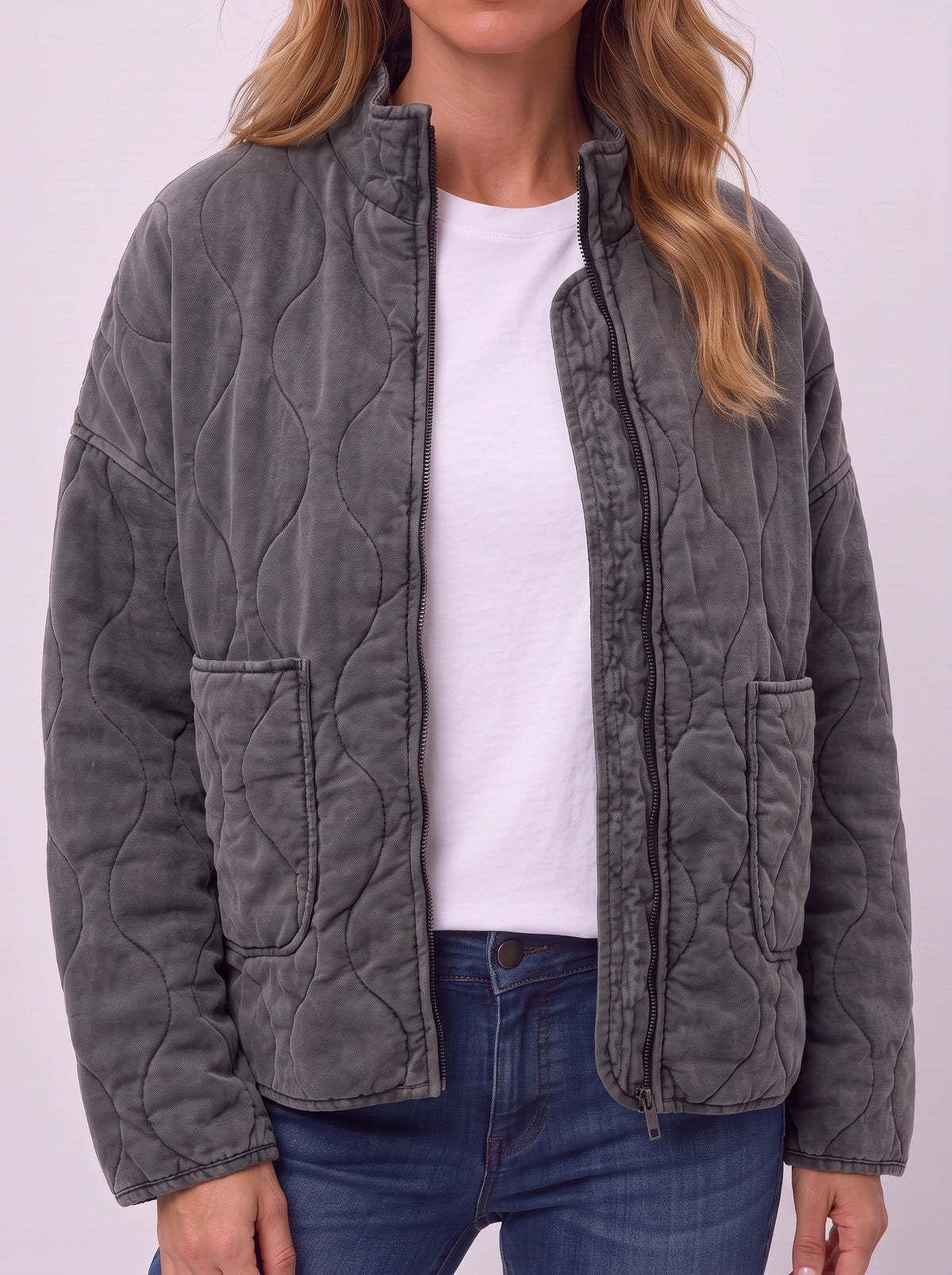 Diaquenne Quilted Bomber Jacket – Women Casual Autumn Lightweight Zip Front High Collar Jacket