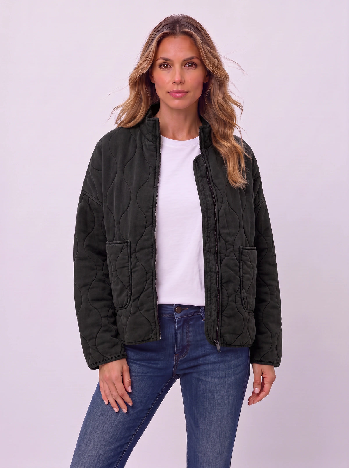 Diaquenne Quilted Bomber Jacket – Women Casual Autumn Lightweight Zip Front High Collar Jacket