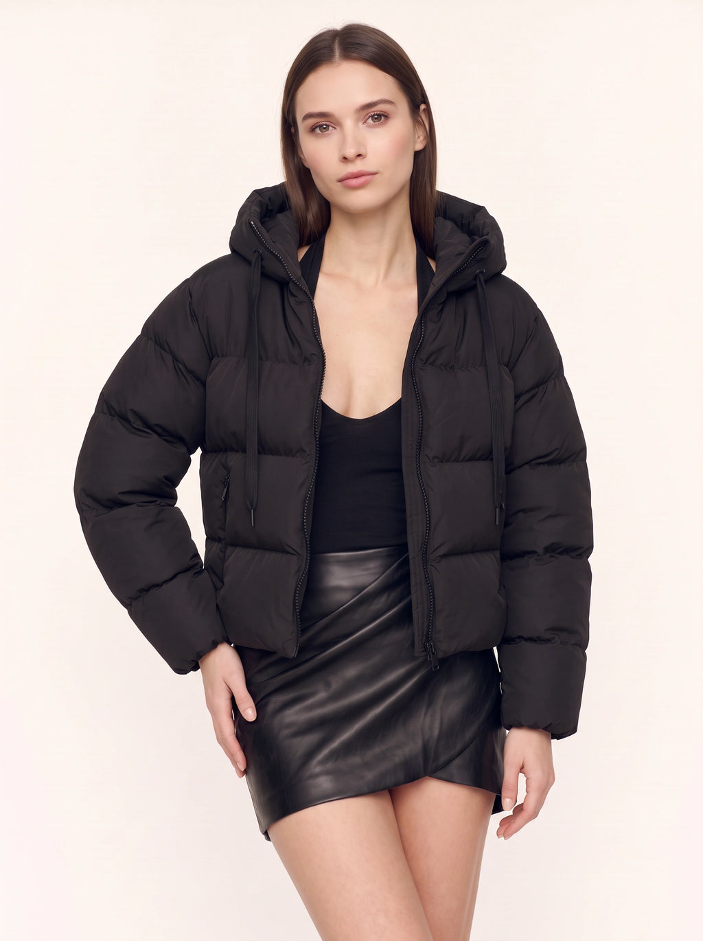 Baffnel Oversized Hooded Puffer Jacket – Women Padded Zip Front Winter Outerwear Cropped Puffer Coat
