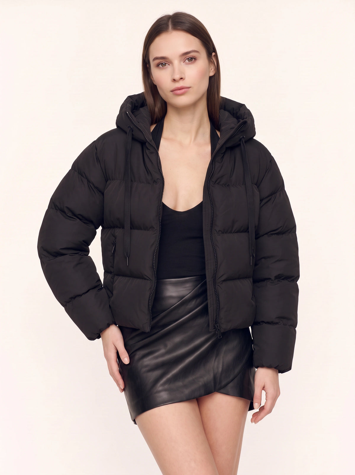 Baffnel Oversized Hooded Puffer Jacket – Women Padded Zip Front Winter Outerwear Cropped Puffer Coat