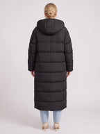 Sherplu Longline Puffer Coat – Hooded Quilted Maxi Women Winter Coat Sherpa Lined Hood Zip Front Jacket