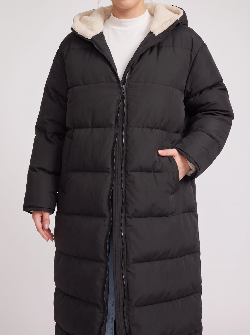 Sherplu Longline Puffer Coat – Hooded Quilted Maxi Women Winter Coat Sherpa Lined Hood Zip Front Jacket