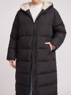 Sherplu Longline Puffer Coat – Hooded Quilted Maxi Women Winter Coat Sherpa Lined Hood Zip Front Jacket