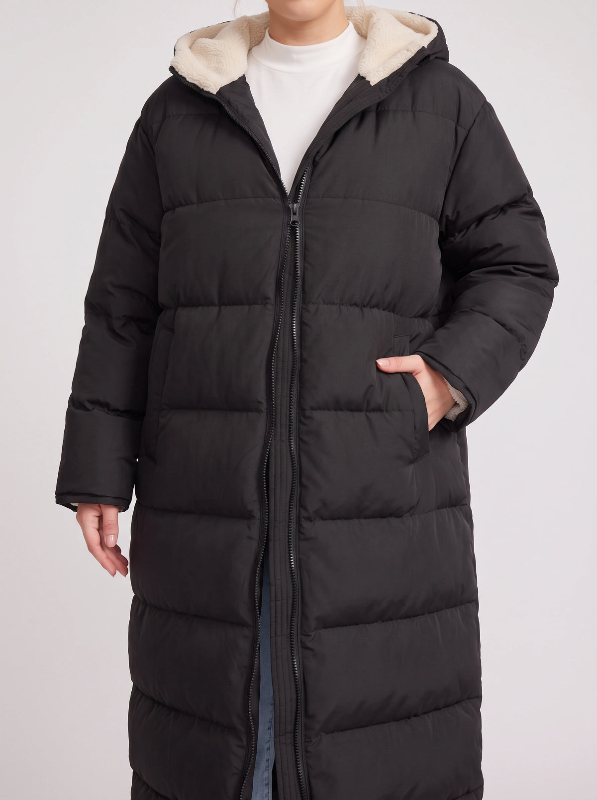 Sherplu Longline Puffer Coat – Hooded Quilted Maxi Women Winter Coat Sherpa Lined Hood Zip Front Jacket