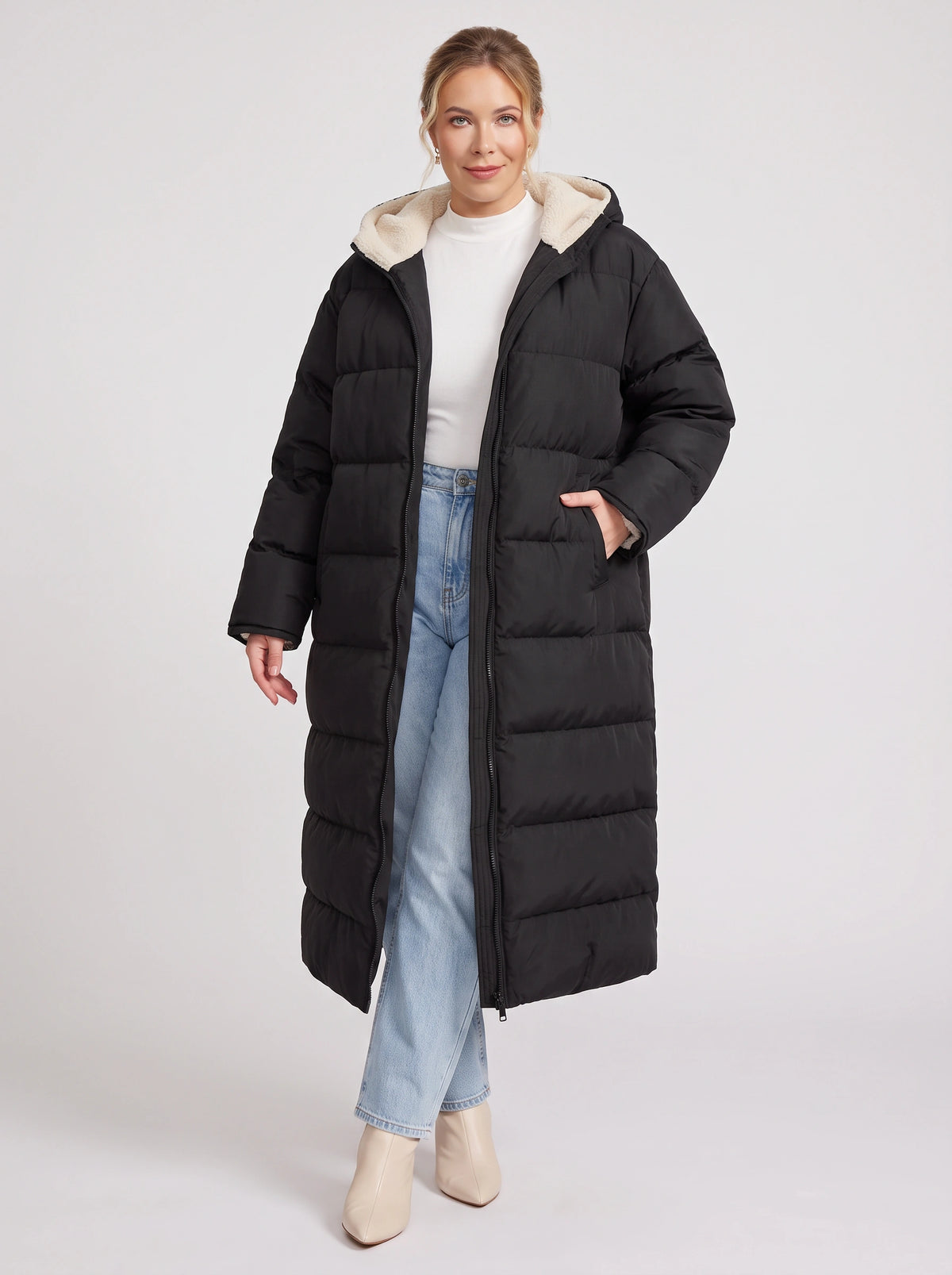 Sherplu Longline Puffer Coat – Hooded Quilted Maxi Women Winter Coat Sherpa Lined Hood Zip Front Jacket