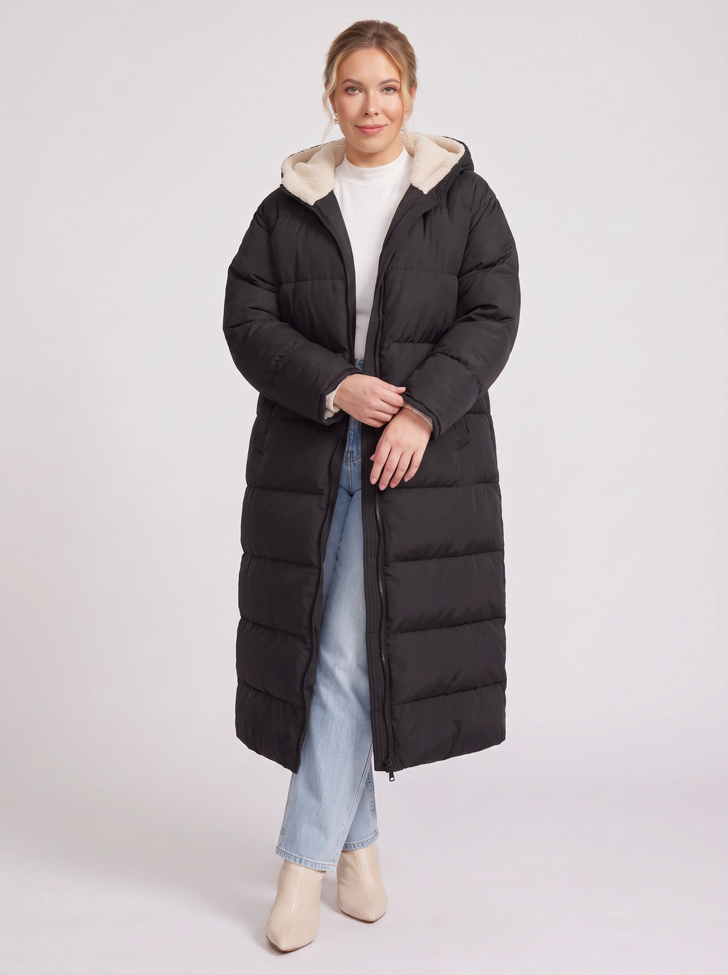 Sherplu Longline Puffer Coat – Hooded Quilted Maxi Women Winter Coat Sherpa Lined Hood Zip Front Jacket