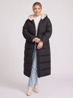 Sherplu Longline Puffer Coat – Hooded Quilted Maxi Women Winter Coat Sherpa Lined Hood Zip Front Jacket