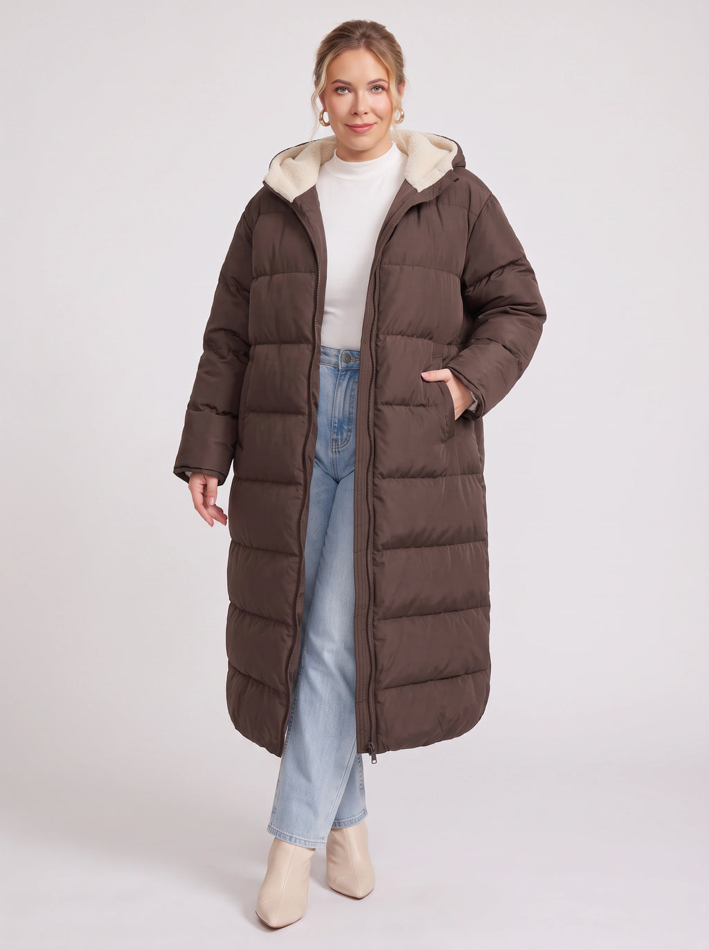 Sherplu Longline Puffer Coat – Hooded Quilted Maxi Women Winter Coat Sherpa Lined Hood Zip Front Jacket