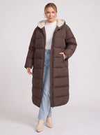 Sherplu Longline Puffer Coat – Hooded Quilted Maxi Women Winter Coat Sherpa Lined Hood Zip Front Jacket