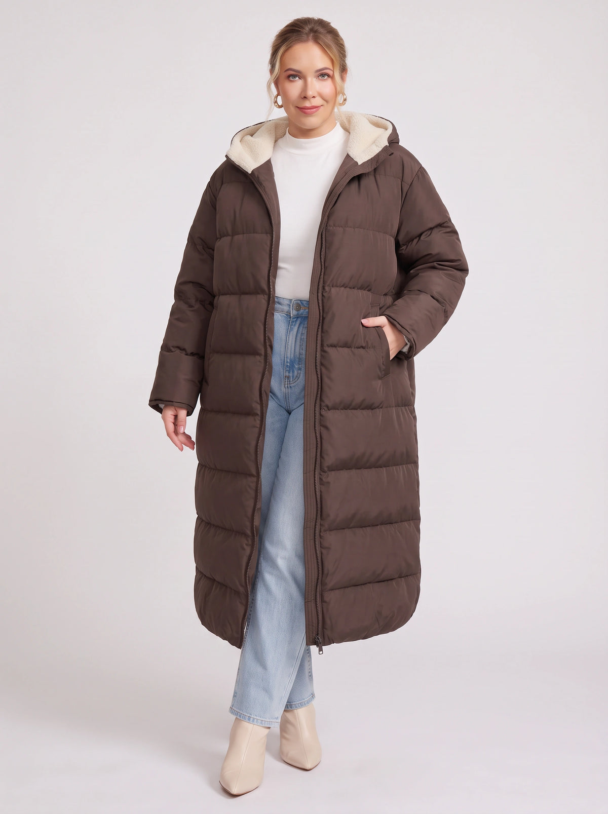 Sherplu Longline Puffer Coat – Hooded Quilted Maxi Women Winter Coat Sherpa Lined Hood Zip Front Jacket