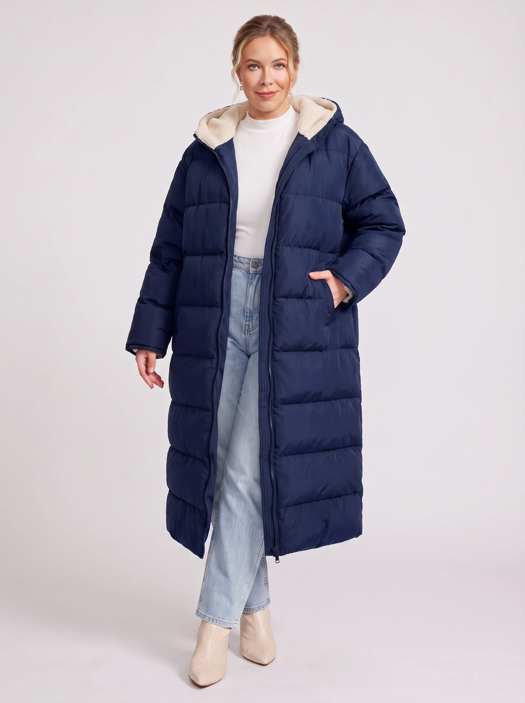 Sherplu Longline Puffer Coat – Hooded Quilted Maxi Women Winter Coat Sherpa Lined Hood Zip Front Jacket