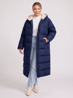 Sherplu Longline Puffer Coat – Hooded Quilted Maxi Women Winter Coat Sherpa Lined Hood Zip Front Jacket