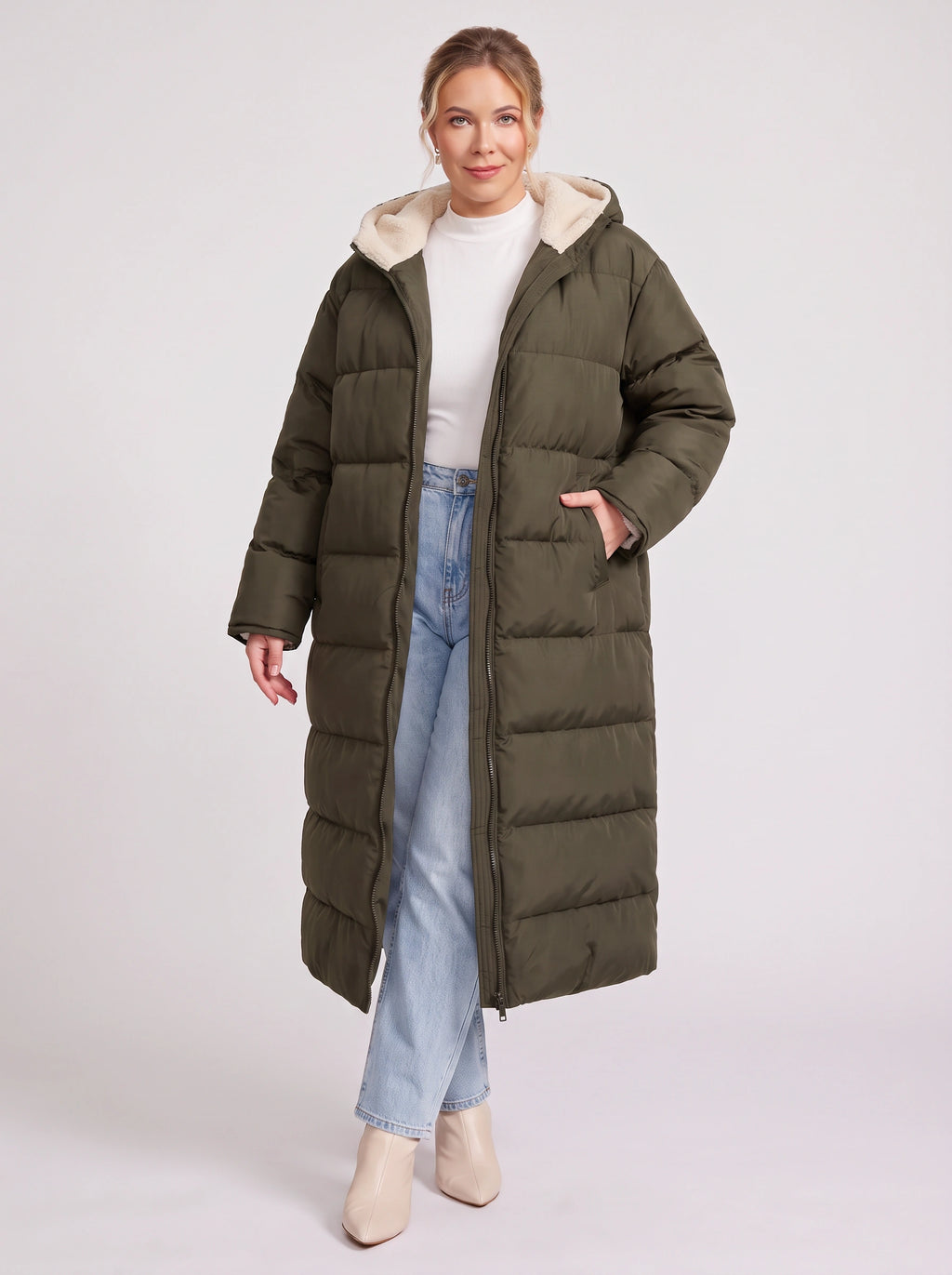 Sherplu Longline Puffer Coat – Hooded Quilted Maxi Women Winter Coat Sherpa Lined Hood Zip Front Jacket