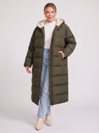 Sherplu Longline Puffer Coat – Hooded Quilted Maxi Women Winter Coat Sherpa Lined Hood Zip Front Jacket