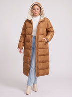 Sherplu Longline Puffer Coat – Hooded Quilted Maxi Women Winter Coat Sherpa Lined Hood Zip Front Jacket