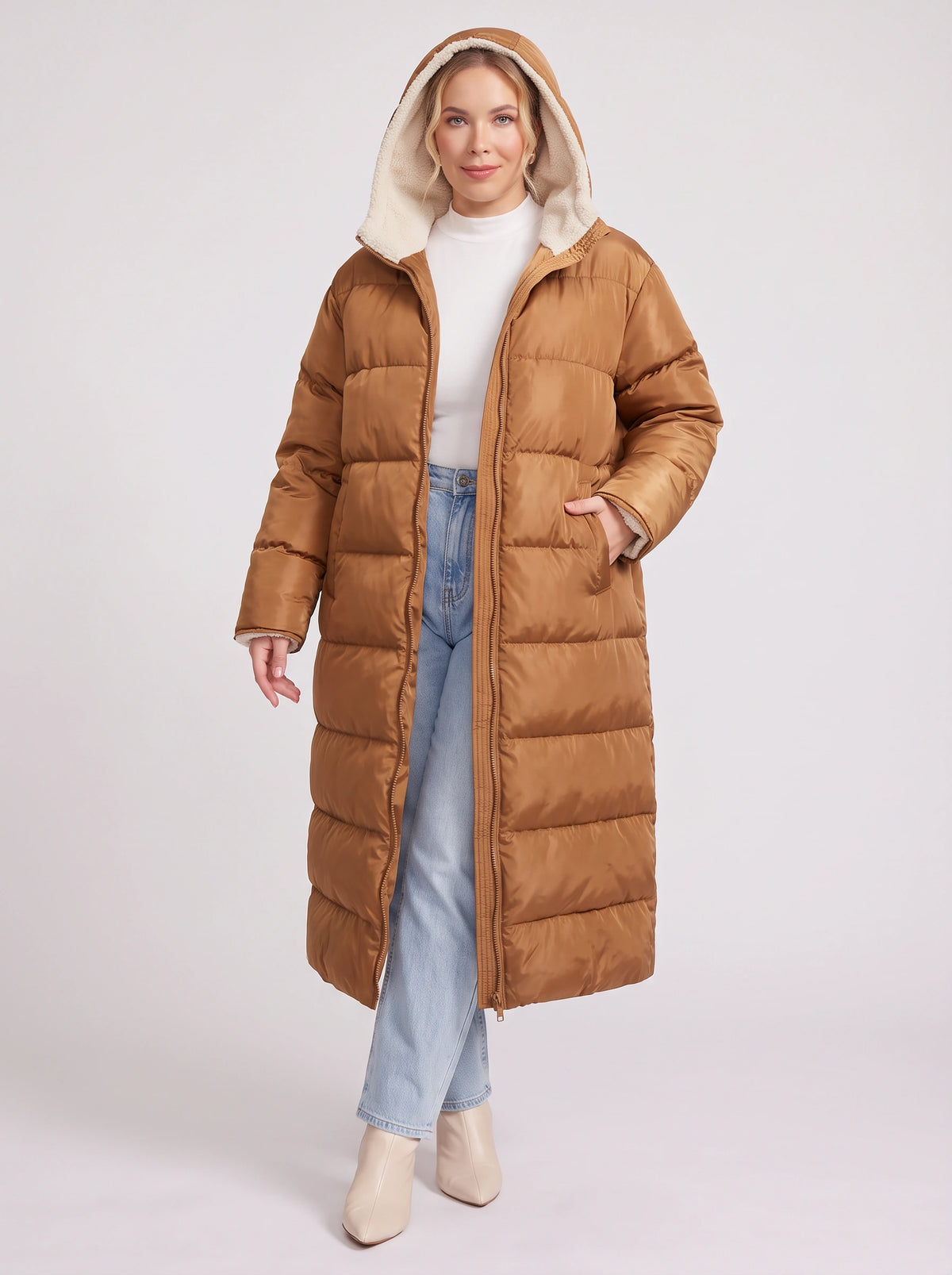 Sherplu Longline Puffer Coat – Hooded Quilted Maxi Women Winter Coat Sherpa Lined Hood Zip Front Jacket