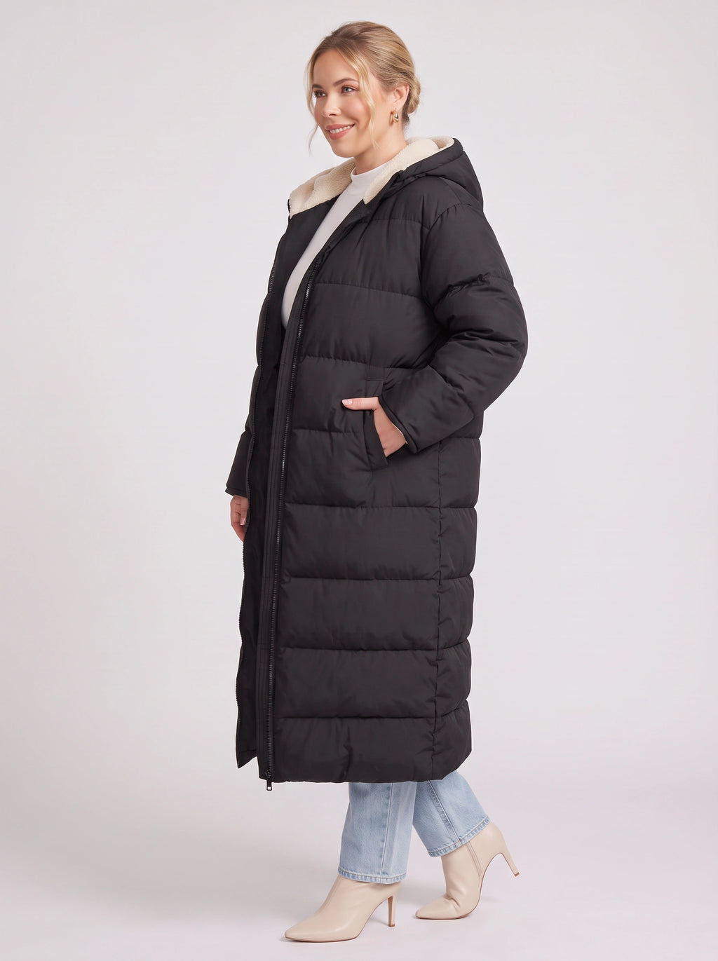 Sherplu Longline Puffer Coat – Hooded Quilted Maxi Women Winter Coat Sherpa Lined Hood Zip Front Jacket